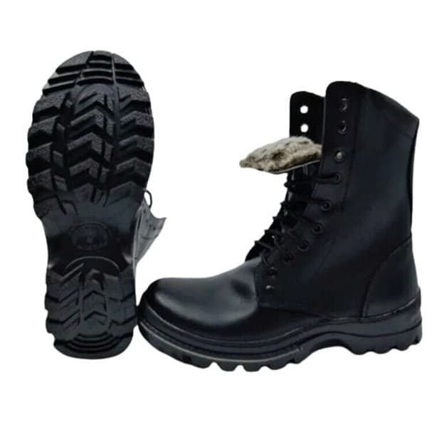 Side view of Russian military winter combat boots designed for extreme cold weather