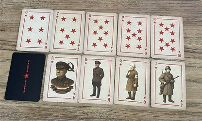 WW2 Soviet army playing cards set with generals, soldiers, and vintage red star deck, Russian military collectible