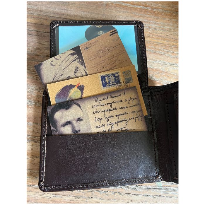 Vintage Yuri Gagarin leather wallet with Soviet-style inserts — handcrafted USSR cosmonaut collectible wallet
