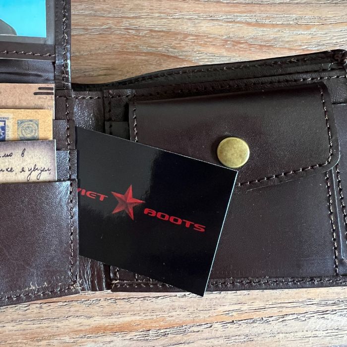 Handmade Soviet leather wallet detail — Yuri Gagarin edition with Soviet Boots branding
