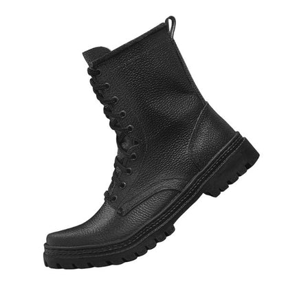 Side view of OMON military combat boots with leather upper and lace-up design
