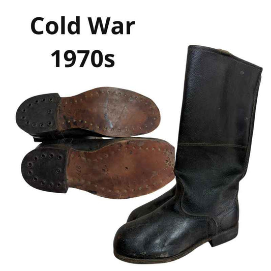 Original Soviet Cold War yuft boots from the 1970s with leather soles reinforced by brass nails, authentic USSR military boots, size 43.
