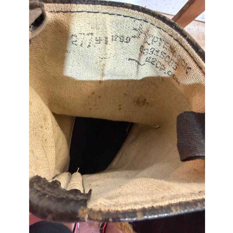 Factory stamp inside original Soviet Cold War yuft boots from the 1970s, authentic USSR military leather boots.