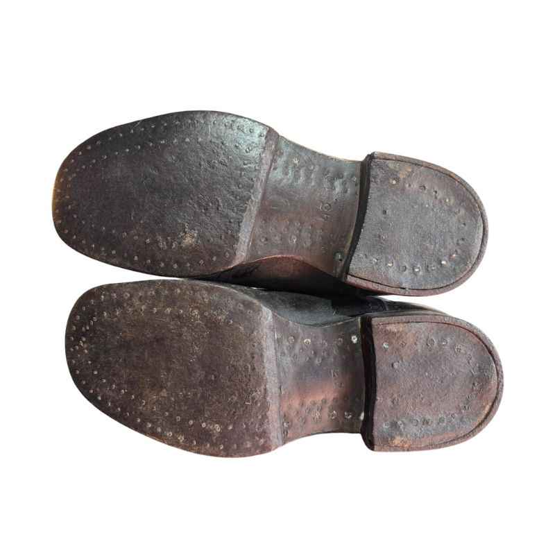 Traditional leather soles reinforced with wooden pegs on original Soviet RKKA wide calf leather boots.