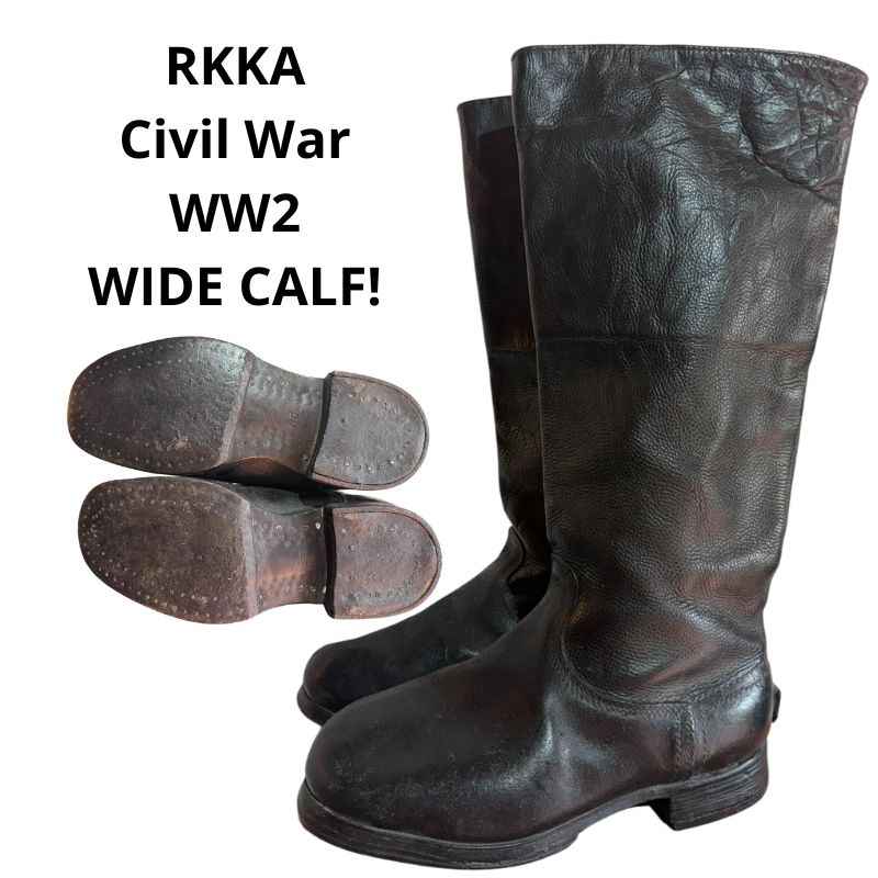 Original Soviet RKKA Civil War and WW2 leather boots with wide shaft for wide calves, leather soles with wooden pegs, size 43.