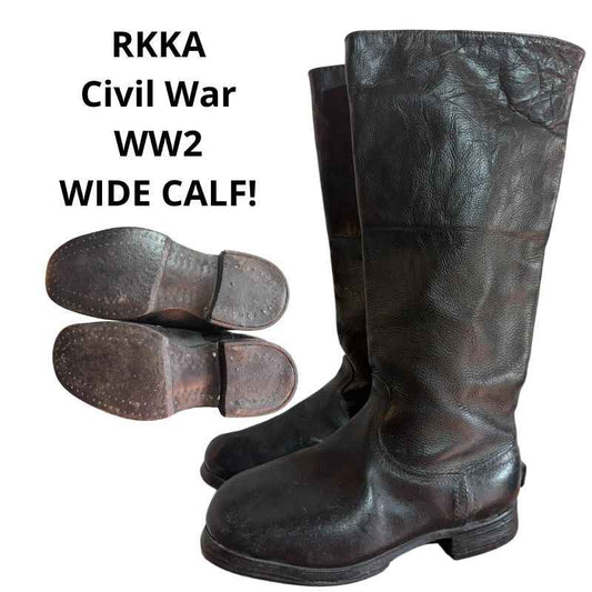 Original Soviet RKKA Civil War and WW2 leather boots with wide shaft for wide calves, leather soles with wooden pegs, size 43.