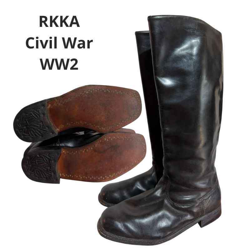 Original Soviet RKKA officer chrome leather boots from the 1940s–1960s with smooth polished leather and wooden peg soles, size 41.