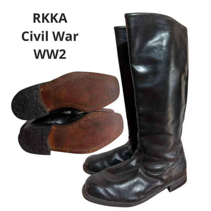 Original Soviet RKKA officer chrome leather boots from the 1940s–1960s with smooth polished leather and wooden peg soles, size 41.