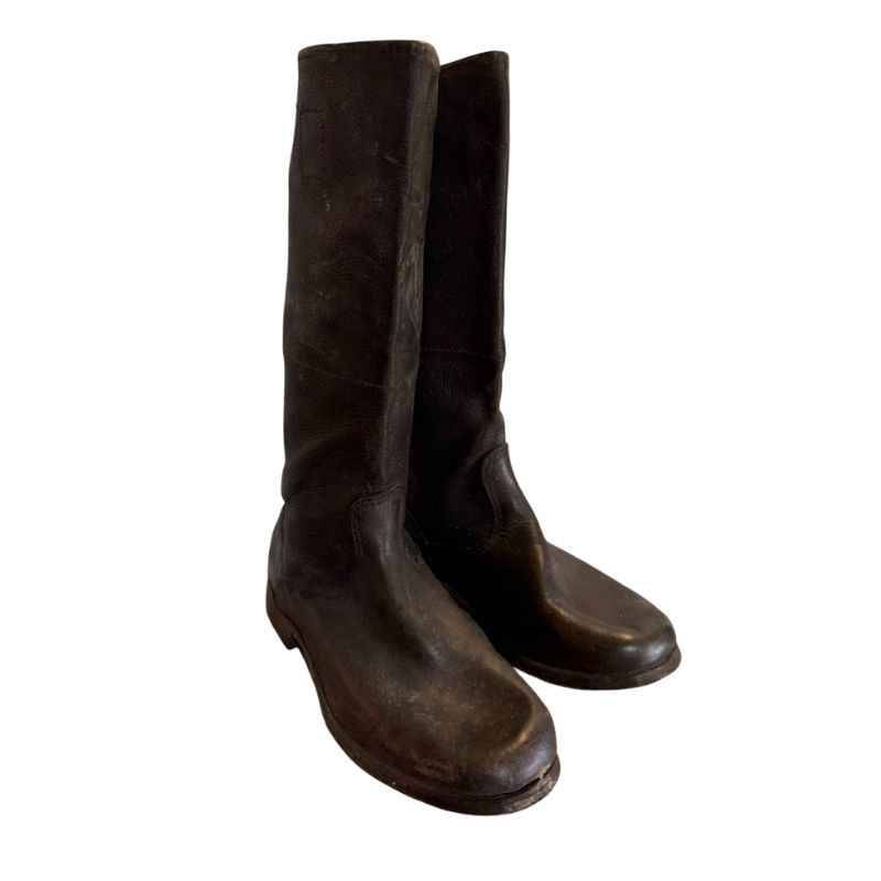 Front view of original Soviet RKKA yuft boots made from genuine leather, authentic Red Army military footwear.