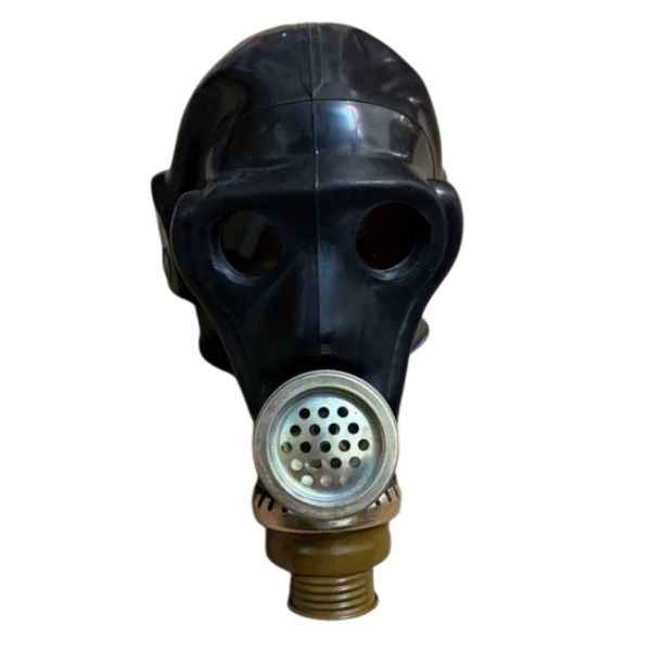 Vintage USSR ShMS black military gas mask with filter, hose and canvas carrying bag on white background.