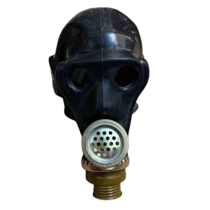 Vintage USSR ShMS black military gas mask with filter, hose and canvas carrying bag on white background.