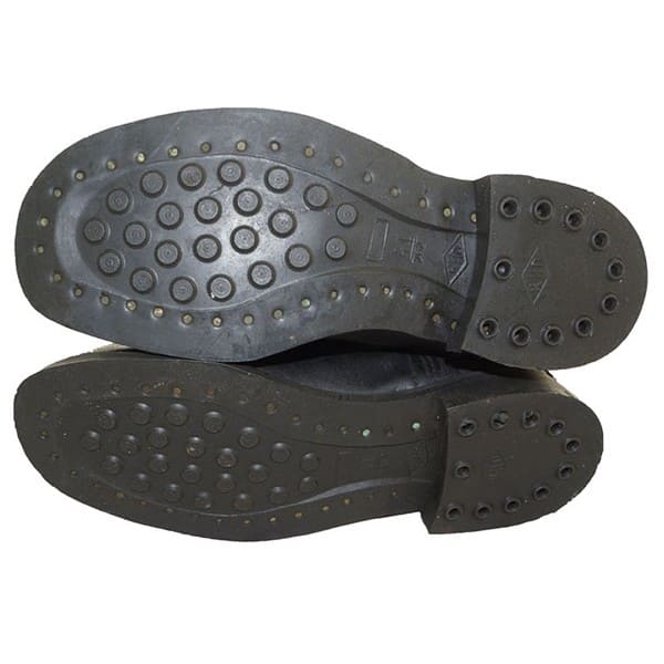 Side view of Soviet kirza jackboots for Red Army WW2 uniform reenactment
