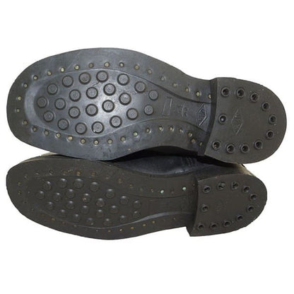 Side view of Soviet kirza jackboots for Red Army WW2 uniform reenactment
