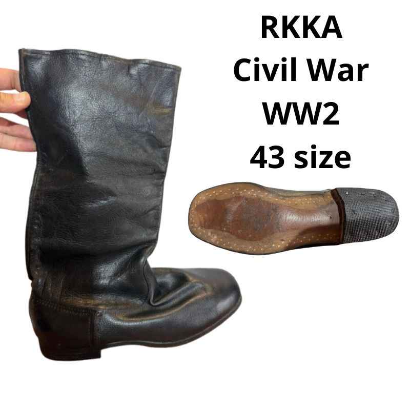 Original Soviet RKKA Civil War WW2 leather boots size 43 left side view with leather sole and rubber heel
