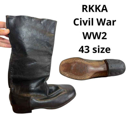 Original Soviet RKKA Civil War WW2 leather boots size 43 left side view with leather sole and rubber heel