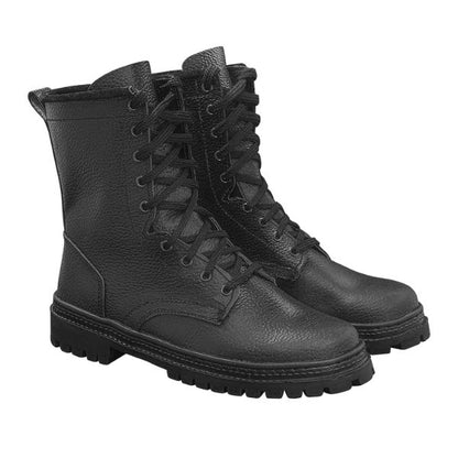 Russian combat boots inspired by OMON military tactical footwear, front view
