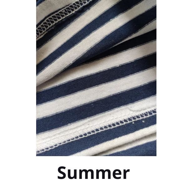 Close up Soviet Navy telnyashka striped fabric blue white cotton texture