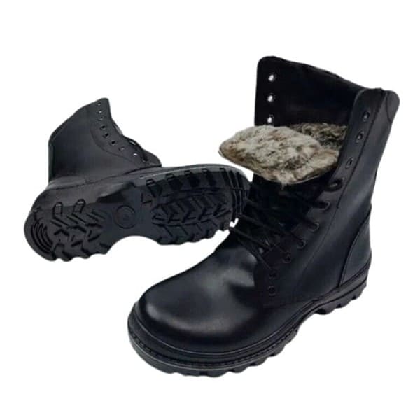Russian winter combat boots with natural fur inspired by Spetsnaz military footwear, front view
