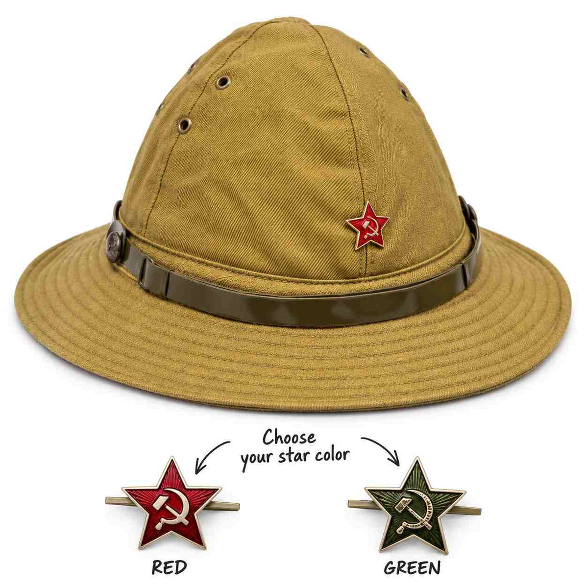 Soviet Afghan War panama hat with red and green star badge options