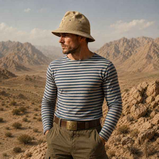 Soviet Afghanistan summer bundle with Soviet panama hat, blue striped telnyashka shirt and military belt in Afghan desert mountains style