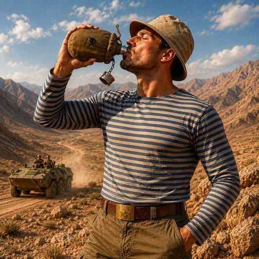 Soviet Afghanistan Patrol Kit with Panamanka hat, Telnyashka striped shirt, Soviet army belt and military flask in Afghan desert style outfit
