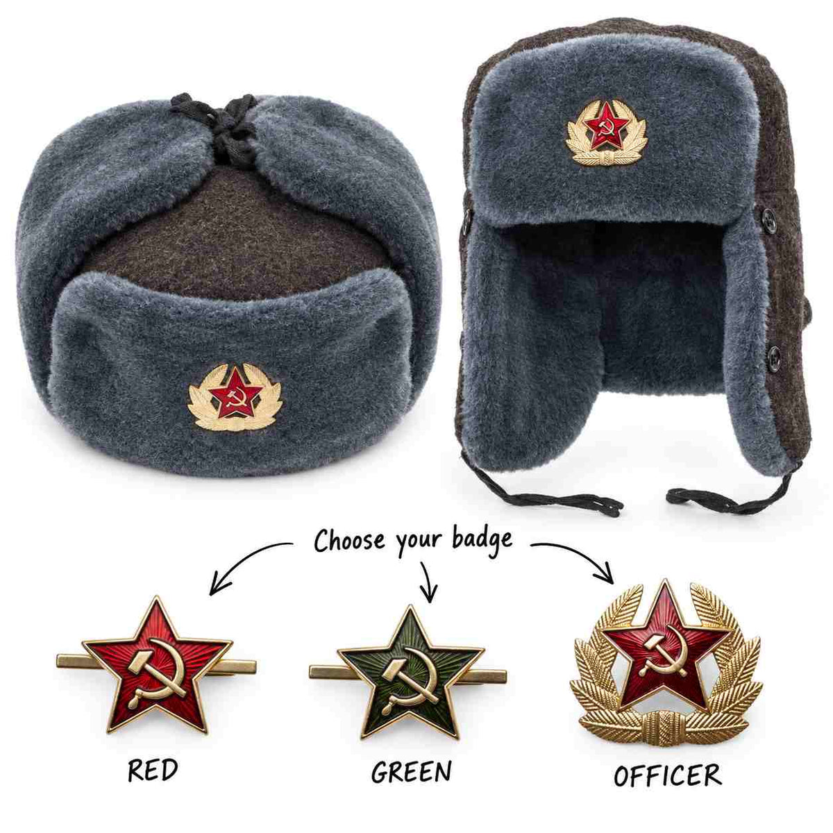 Soviet Army ushanka hat with red star, green star and officer cockade badge options