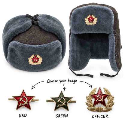 Soviet Army ushanka hat with red star, green star and officer cockade badge options