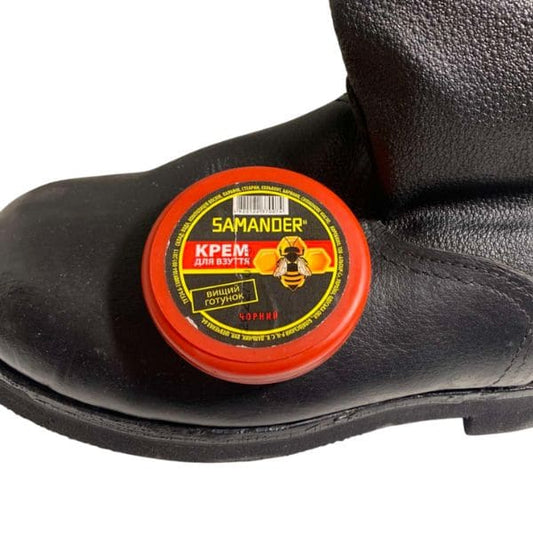 Vintage Soviet army shoe polish in metal tin on original Soviet leather boots
