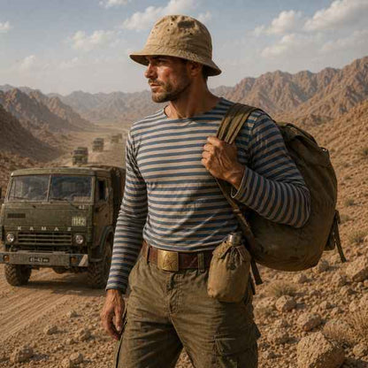 Soviet Field Patrol Summer Kit with Soviet panama hat, striped telnyashka shirt, military backpack and Soviet army belt inspired by Afghanistan War and Spetsnaz field gear