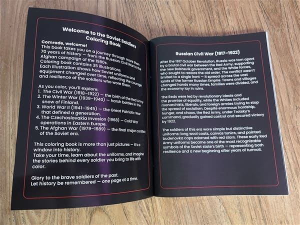 Open pages of the Soviet Soldiers military coloring book showing historical descriptions and timelines from 1917 to 1989.