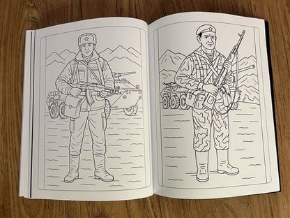 Soviet military coloring pages featuring Afghan War infantry soldiers with AK rifles standing in front of BTR armored personnel carriers in the mountains
