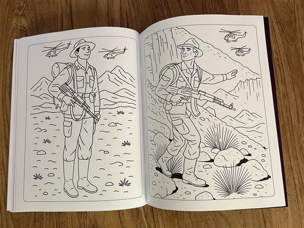 Soviet military coloring pages featuring Afghan War mountain patrol soldiers with AK rifles and helicopters flying overhead
