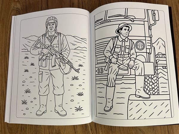 Soviet military coloring pages featuring Afghan War soldiers, one holding an AK rifle and another sitting beside a military truck in a mountain landscape
