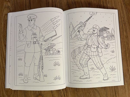 Soviet military coloring pages featuring a World War II artillery officer with rocket launchers and a soldier celebrating near a Katyusha rocket truck in winter
