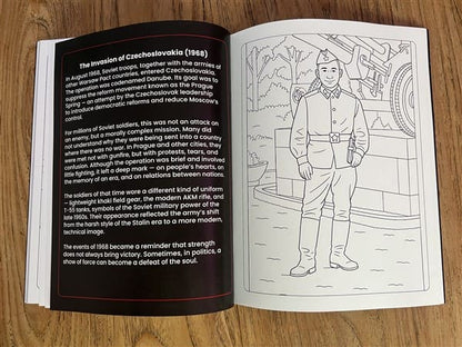 Soviet military coloring pages featuring a description of the 1968 invasion of Czechoslovakia and a soldier standing beside an artillery piece

