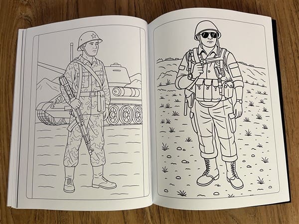 Soviet military coloring pages featuring late-era soldiers, one standing beside a tank and another in modern field gear with helmet and equipment
