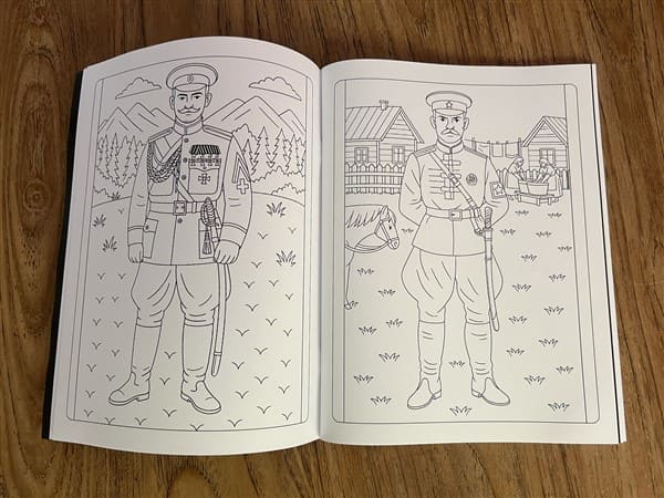Soviet military coloring pages featuring two officers in historical uniforms with background village and landscape scenes