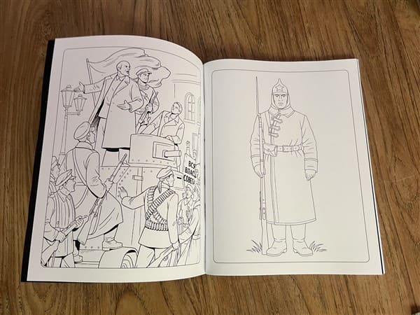 Soviet military coloring pages showing the Russian Revolution scene and a soldier in early 20th-century uniform