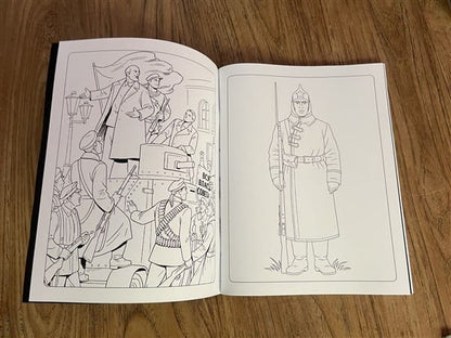 Soviet military coloring pages showing the Russian Revolution scene and a soldier in early 20th-century uniform