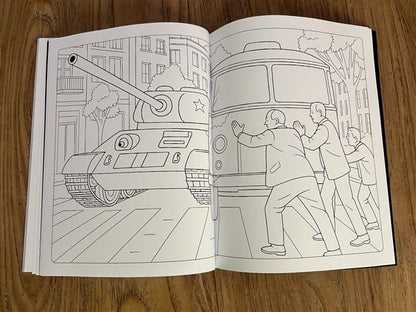 Soviet military coloring pages featuring a tank on a city street and civilians pushing a tram during the 1968 Czechoslovakia protests
