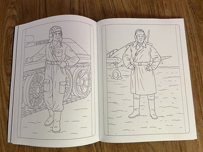 Soviet military coloring pages featuring a World War II tank crewman beside a tank and a Red Army pilot standing near an aircraft
