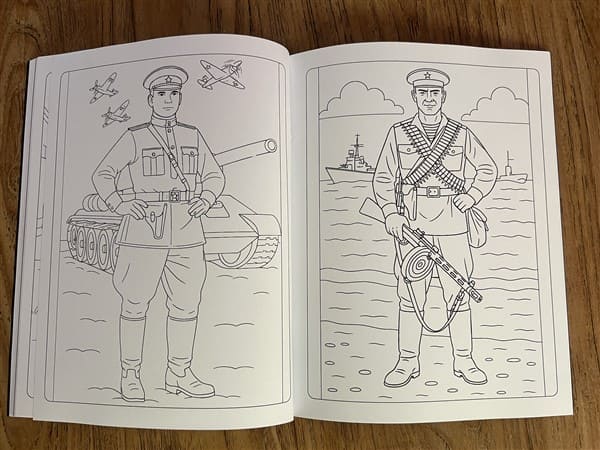Soviet military coloring pages featuring a World War II tank officer with aircraft overhead and a naval infantry soldier standing by the sea with ships in the background

