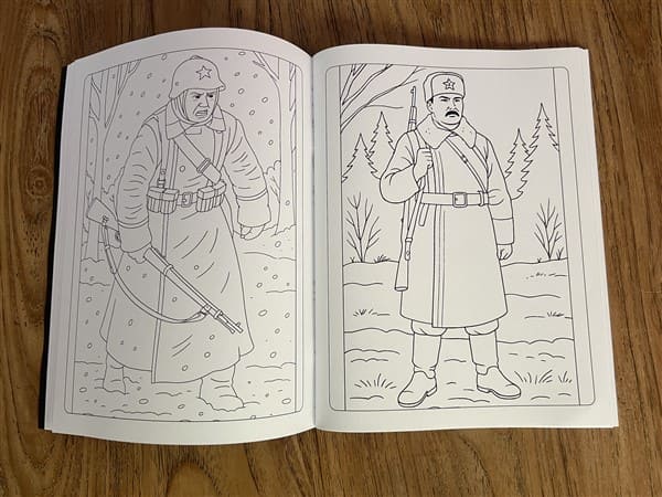 Soviet military coloring pages showing Red Army soldiers in winter uniforms during the Winter War of 1939