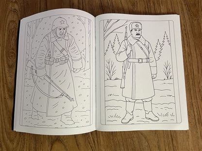 Soviet military coloring pages showing Red Army soldiers in winter uniforms during the Winter War of 1939