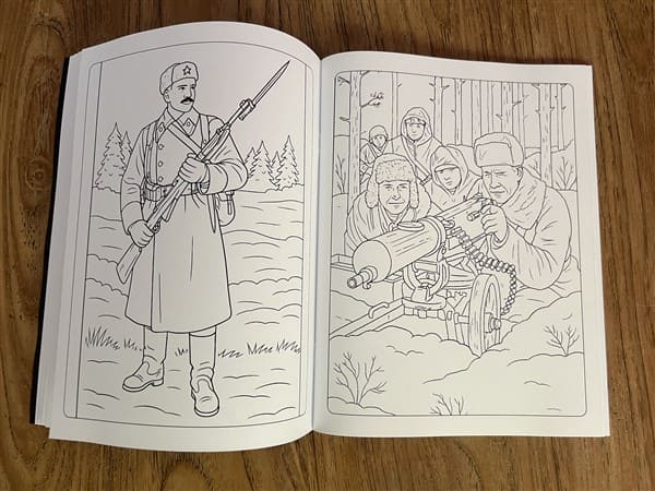 Soviet military coloring pages featuring a World War II infantry soldier and a machine-gun crew in a winter forest scene