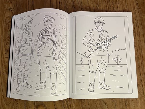 Soviet military coloring pages featuring World War II Red Army soldiers in field uniforms with rifles and helmets
