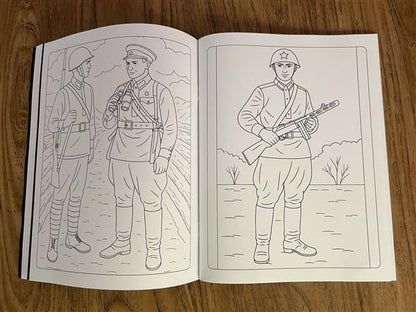 Soviet military coloring pages featuring World War II Red Army soldiers in field uniforms with rifles and helmets

