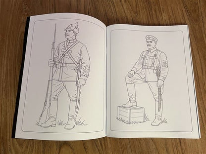Two Soviet military soldiers illustrated as line art inside a historical coloring book, showing uniforms from World War eras.