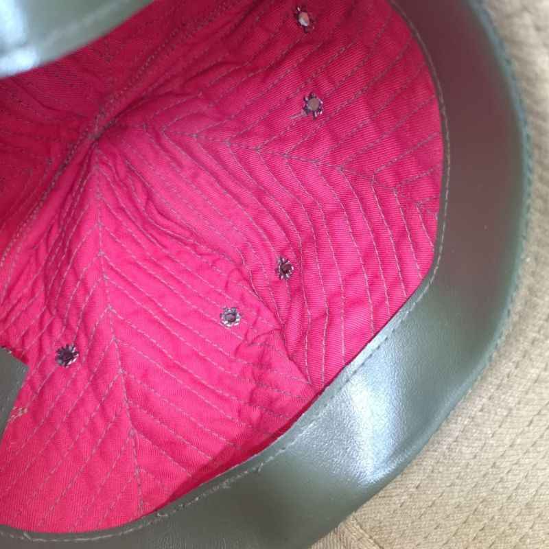 Close-up of the leather sweatband and red quilted lining inside the Soviet RKKA M1938 Panama Hat replica