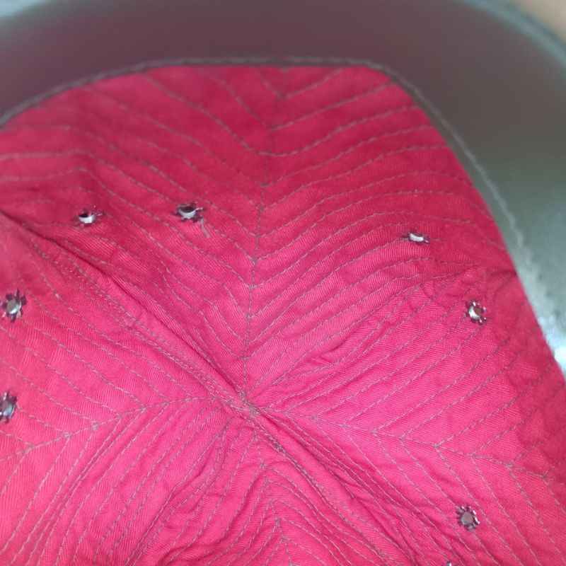 Close-up of the red quilted lining inside the Soviet RKKA M1938 Panama Hat replica